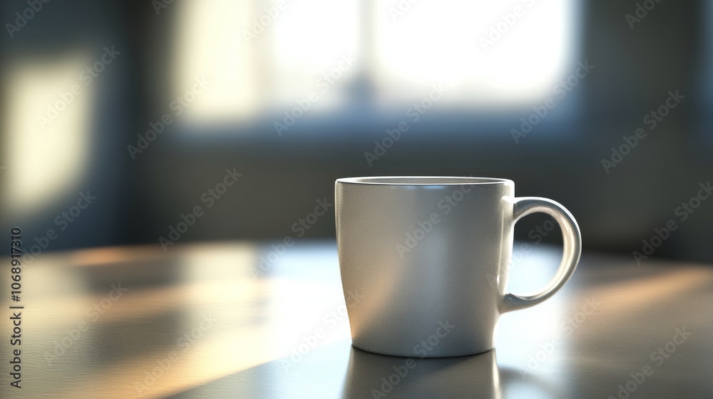 Aufkleber a white mug on a table in front of a window with sunlight coming through