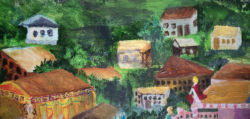 Roman Empire urban rich and poor buildings. Historical panorama landscape. Urban rich palace and modest suburb residential district houses. Opposites allegory original painting.