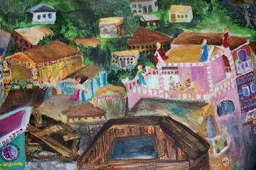 Fototapeta premium Roman Empire urban rich and poor buildings. Original painting panorama landscape. Temple, mansion, residential district house, roofs.