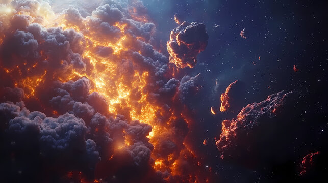 Forced perspective cosmic explosion with fiery clouds and asteroids in deep space. Cosmic. Illustration