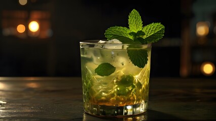 Cold and Refreshing Mint Julep with Fresh Mint Leaves Beautifully Served on the Bar Counter: Inviting Cocktail Experience