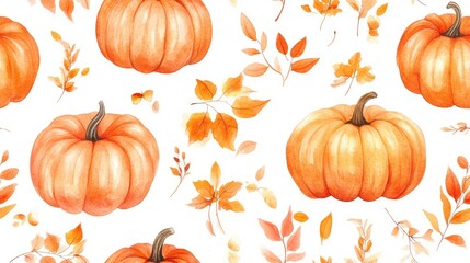 Naklejka premium Seamless watercolor pattern of pumpkins and autumn leaves perfect for postcard and poster design