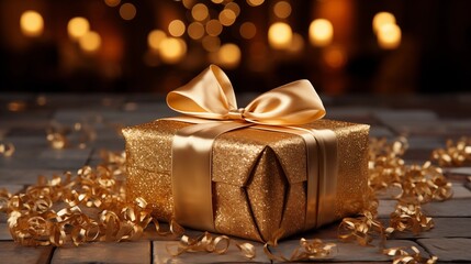 Elegant gold gift box tied with a golden ribbon, exuding luxury and sophistication for a perfect occasion.