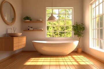Fototapeta premium 3D boho bathroom design with wooden floor, bathtub, and nature view