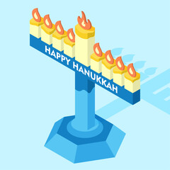 Jewish holiday Hanukkah. Menorah candlestick symbol of Jewish religion. Isometric illustration of Menorah candle holder icon for Hanukkah holiday, candle holder for 9 candles.