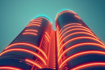 Futuristic skyscrapers lighting up the city skyline at night