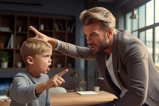 Father scolding his son in a cozy home office during a tense conversation about responsibilities and behavior
