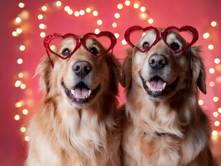 A couple of golden retriever dogs in festive heart shaped party glasses. Happy Valentine's day concept. Red background with warm blurred garland.