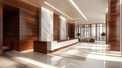 Office lobby with wood-panel walls and white spaces; 3D rendering for business settings. 