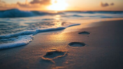 Footprints in Wet Sand at Sunset on the Beach