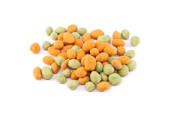 Coated peanuts with wasabi and cayenne chili peppers scattered on white background. Spicy snack.