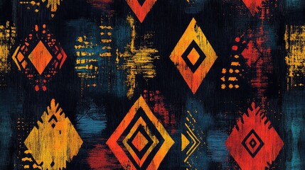 Fototapeta premium Seamless vintage shabby pattern featuring multicolored African style motifs with a soft penumbra effect ideal for wallpaper or fabric design
