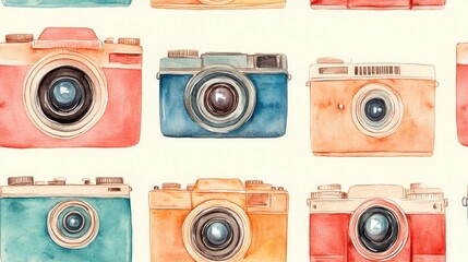 Seamless watercolor pattern featuring vintage cameras perfect for fabric design and home decor