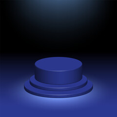 Vector space age dark blue futuristic podium background with three level pedestal and subtle white spotlight