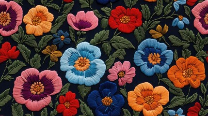 Elegant embroidery floral pattern featuring vibrant flowers on a dark background ideal for fashion products and print applications
