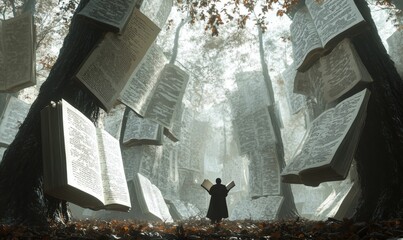 Obraz premium A person stands in a forest of books.