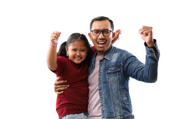 Joyful asian little girl clenching hand with her father. Fathers day. Isolated on white