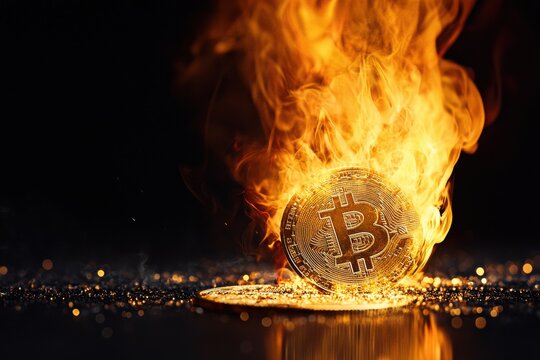 A single bitcoin coin burns brightly symbolizing the fiery passion of cryptocurrency enthusiasts