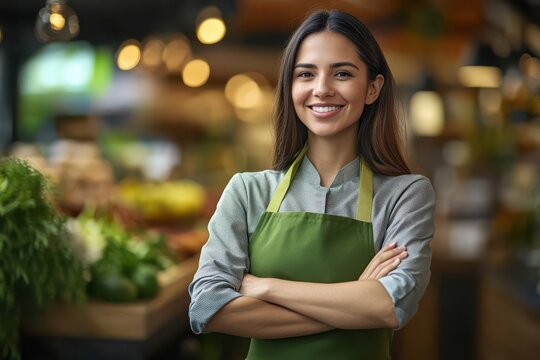 Smiling Hispanic woman in apron standing in organic store with copy space