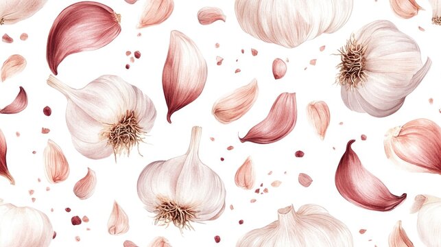 Seamless pattern featuring detailed watercolor illustrations of shelled garlic perfect for culinary designs kitchen decor