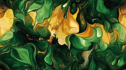 Seamless abstract alcohol ink pattern featuring text frames in rich green gold and yellow hues perfect for elegant invitations or stationery