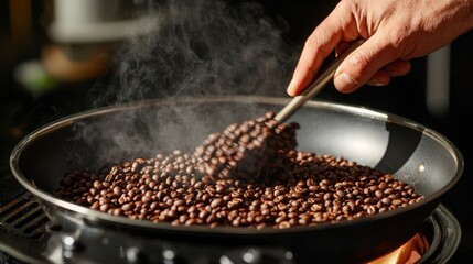 Roasting coffee beans in a skillet on a stovetop during the afternoon