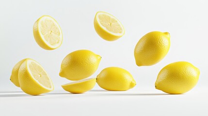 Lemons floating in the air against a white background.