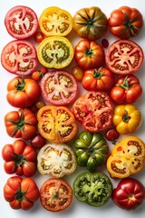 Vibrant variety of heirloom tomatoes in sliced and whole forms with diverse colors