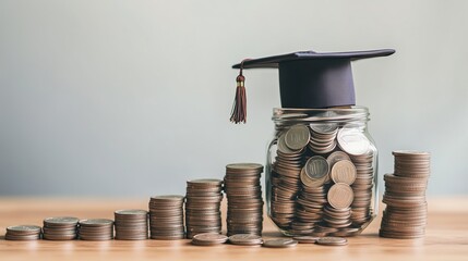 A graduation cap atop a jar of coins surrounded by stacked coins symbolizing education and financial investment in future success