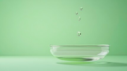 A glass dish with droplets of water against a soft green background.