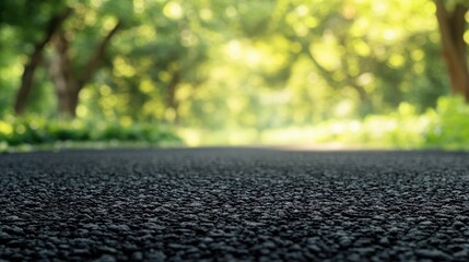 Close-up of an asphalt road with a blurred green park background, highlighting the texture and details of the asphalt road alongside the serene greenery of the park. Copy space included.