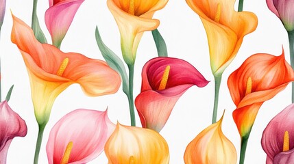 Bright watercolor calla lilies forming a seamless pattern ideal for fabric design and stationery floral art print background