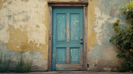A weathered blue door stands alone on a quiet street, providing a glimpse into its character and charm. This blue door offers ample photo space for creative compositions.