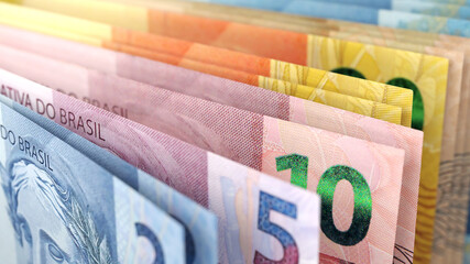 Brazilian Real currency banknotes in different denominations
