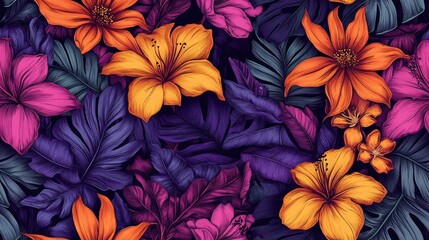 Creative seamless pattern featuring hand drawn tropical leaves and vibrant flowers ideal for fabric design and home decor