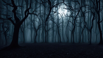 a dark foggy forest at night with twisted bare trees and thick mist covering the ground the scene 