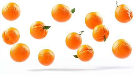 Fresh oranges falling isolated on white background. Healthy food and fruit concept.