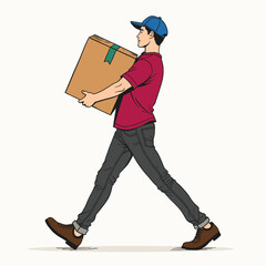 Side View of Worker Transporting Package in Casual Attire