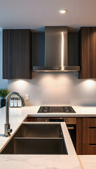 Modern home kitchen interior with quartz counter and sink with electric stove isolated with white shades, png