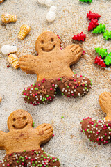 Gingerbread man ginger cookies christmas party delicious dessert christmas treat fresh delicious gourmet food background on the table rustic copy space top view
