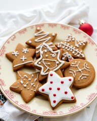 A plate of beautifully decorated gingerbread cookies shaped like trees and stars, perfect for the holiday season.