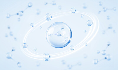 Cosmetic moisturizer water molecule. Molecule inside liquid bubble. Transparent liquid collagen or essence bubbles. Collagen skin serum. Cosmetic skincare product