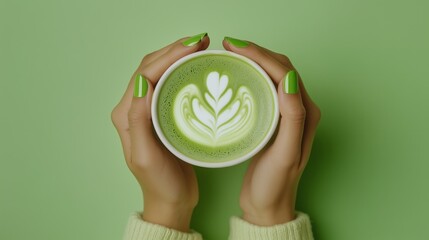 Green matcha latte art in hands with matching manicured nails on green background