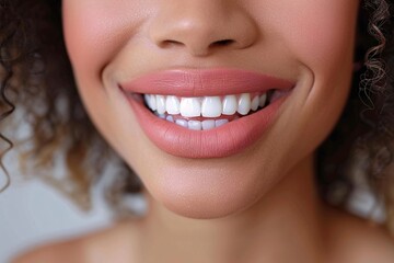 Obraz premium The young woman displays a radiant smile, showcasing her perfect white teeth and soft pink lips. Her curly hair frames her face, highlighting her joyful expression