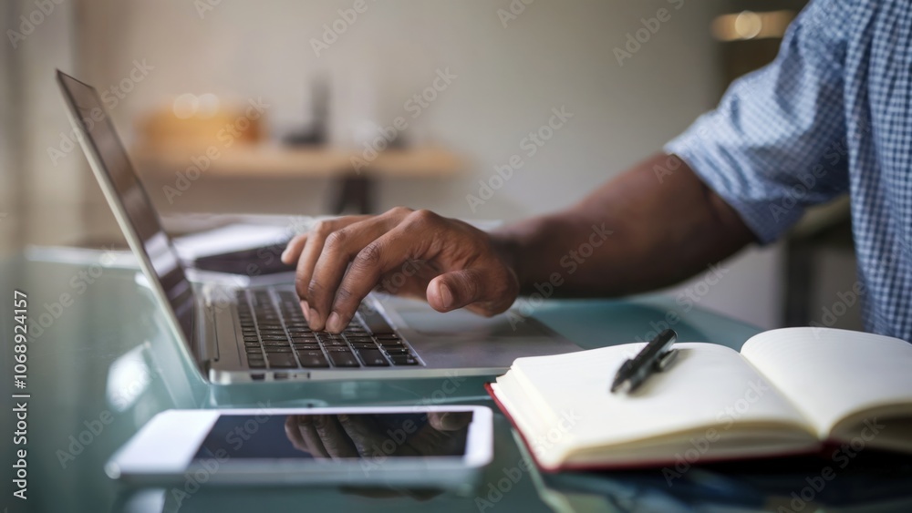 Wall mural a man is typing on a laptop in front of a notebook and a cell phone. the laptop is open and the man'