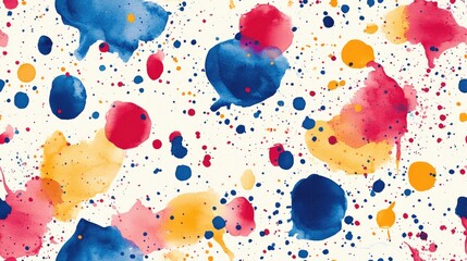Seamless pattern of vibrant abstract paint splashes with organic shapes on white watercolor paper ideal for artistic textiles and decor
