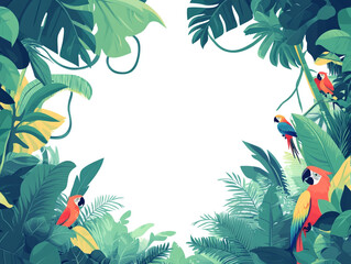 Naklejka premium A colorful parrot is perched on a leafy green tree. A large empty space in the center is for text. 