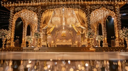 Obraz premium A lavish gold stage adorned with dazzling glitter lights and luxurious decorations