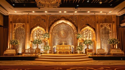 Obraz premium A lavish gold stage adorned with dazzling glitter lights and luxurious decorations