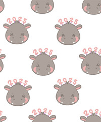 2025 Cute Hippo Pattern Playful New Year Cartoon Design